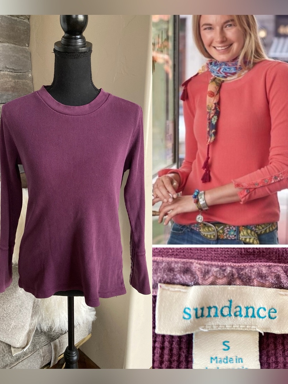 Sundance Catalog Waffle Knit Thermal Crewneck Top Purple Eggplant Plum